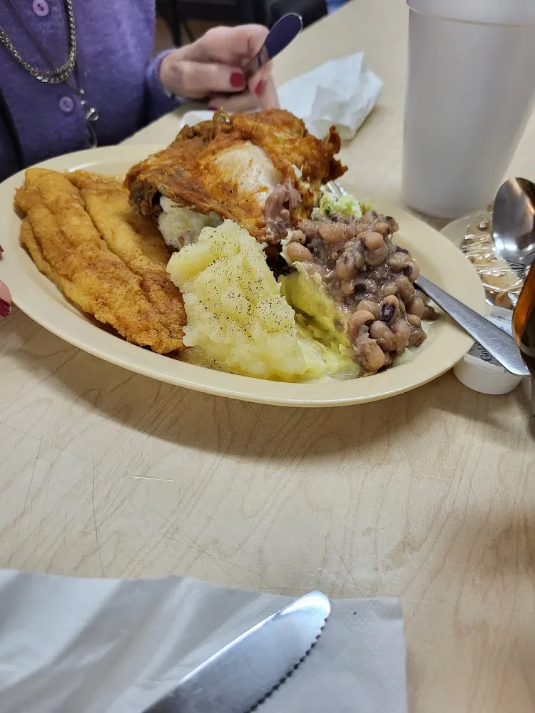 Fried Chicken Fish Mashed Potatoes and Black Eyed Peas