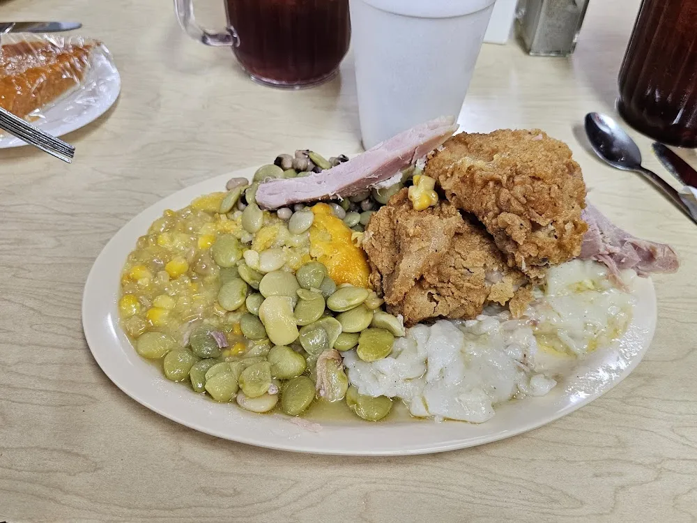 Fried Chicken with Ham Fordhook Beans Black Eyed Peas and Potatoe Salad